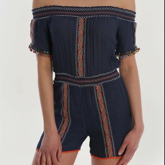 Letarte Maui Embroidered Off Shoulder Romper Blue Size Medium - Picture 1 of 12